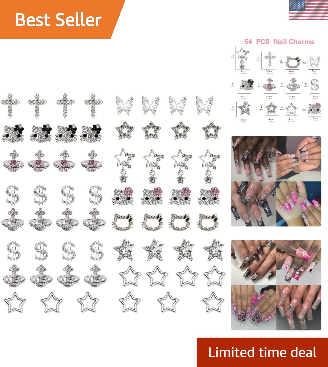 Elevate Your Nail Game with 56pcs Silver Y2K Charm Set – For Acrylic Nails
