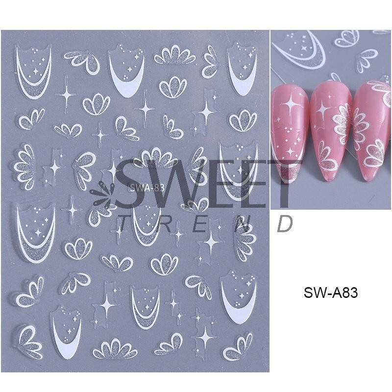 2Pcs White Pink Glitter Flower Floral Star French Nail Art Stickers Decals NH28