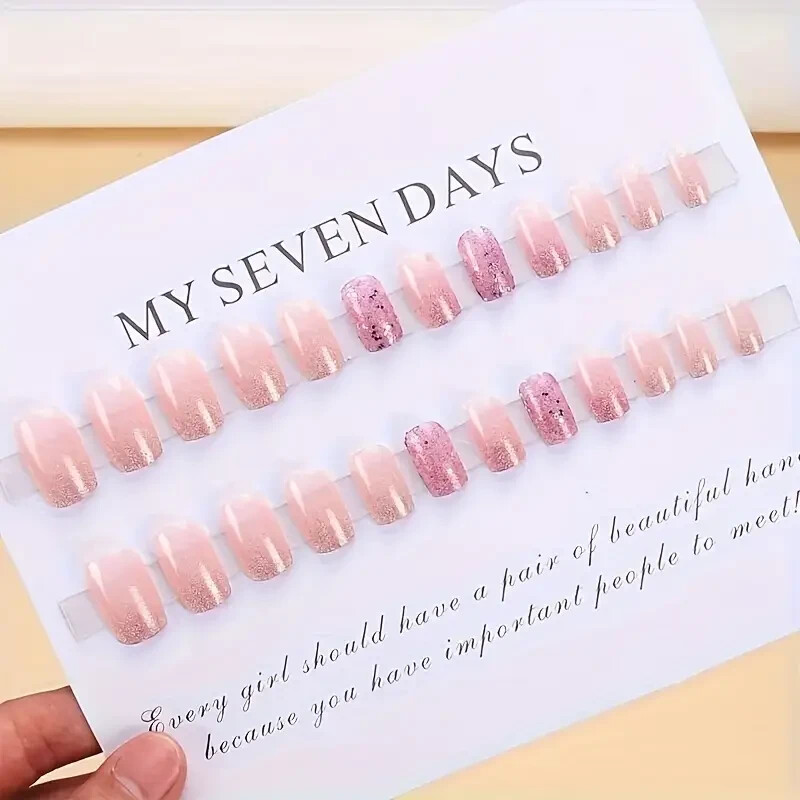 24pcs set of nail stickers, short square glitter gradient, pink, removable false