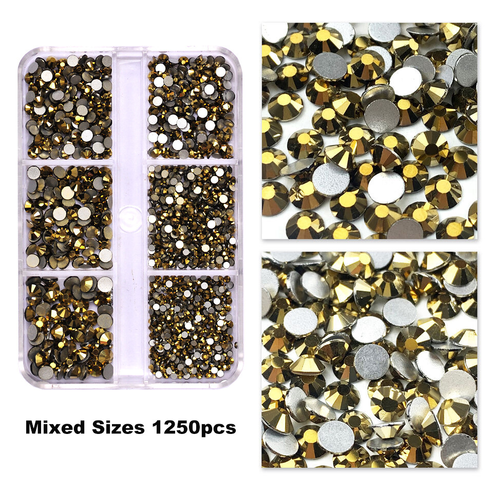 No Hotfix Nail Art Rhinestones 6 Grids SS4-SS16 Flat Back Crystal With tools
