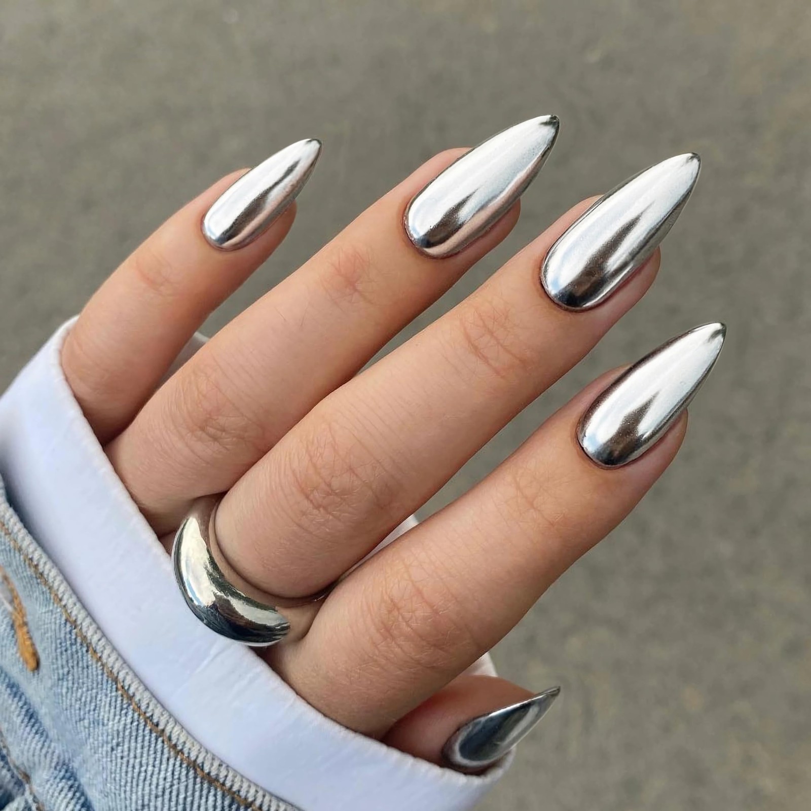 Chrome Press On Nails Almond, Metallic Sliver Mirrored Press On Nails Medium