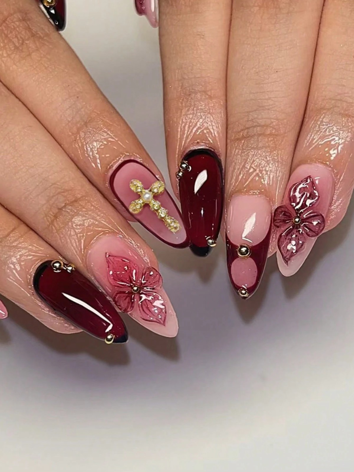 Burgundy 3D Flower Press On Nails, Almond Fake Nails with Charms