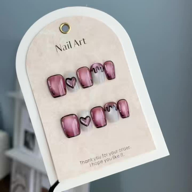 10Pcs Handmade Valentine’s Day Nails, White Pink Glitter Cat Eye, Heart Design