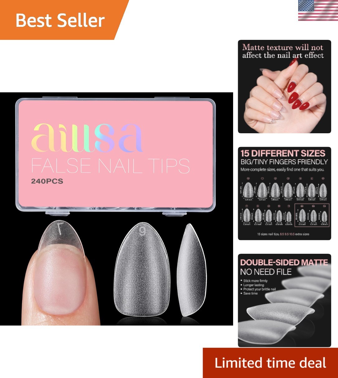 High-Quality Full Cover Almond Nail Tips – 240 PCS Press On with Storage Box