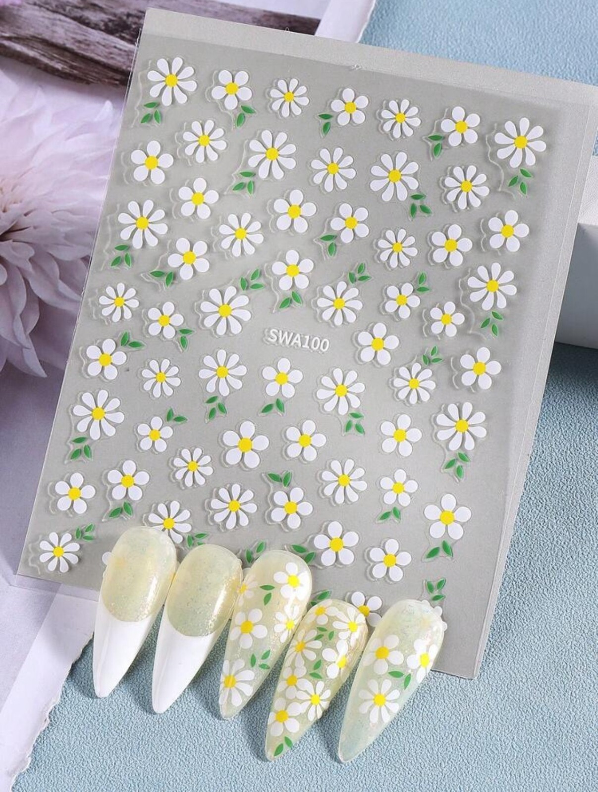Daisy Nail Art Stickers Transfers Spring Summer Flowers Blue White Pink SWA100