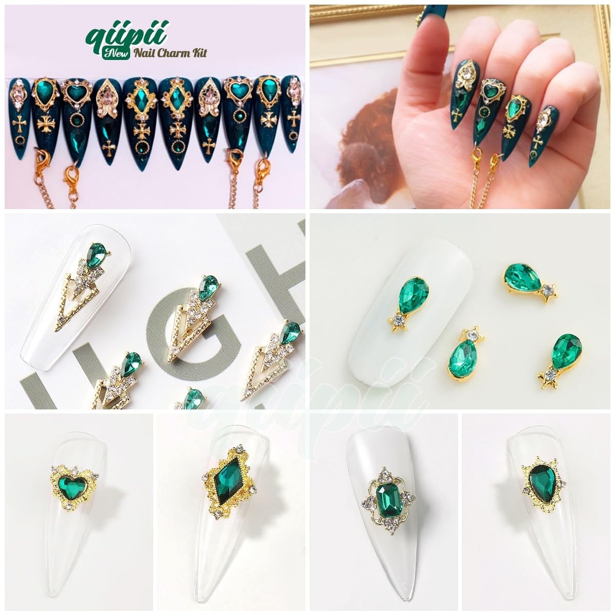 24pcs Green Luxury Nail Charms + 2000pcs Emerald Green Rhinestones 3D Big Gem…