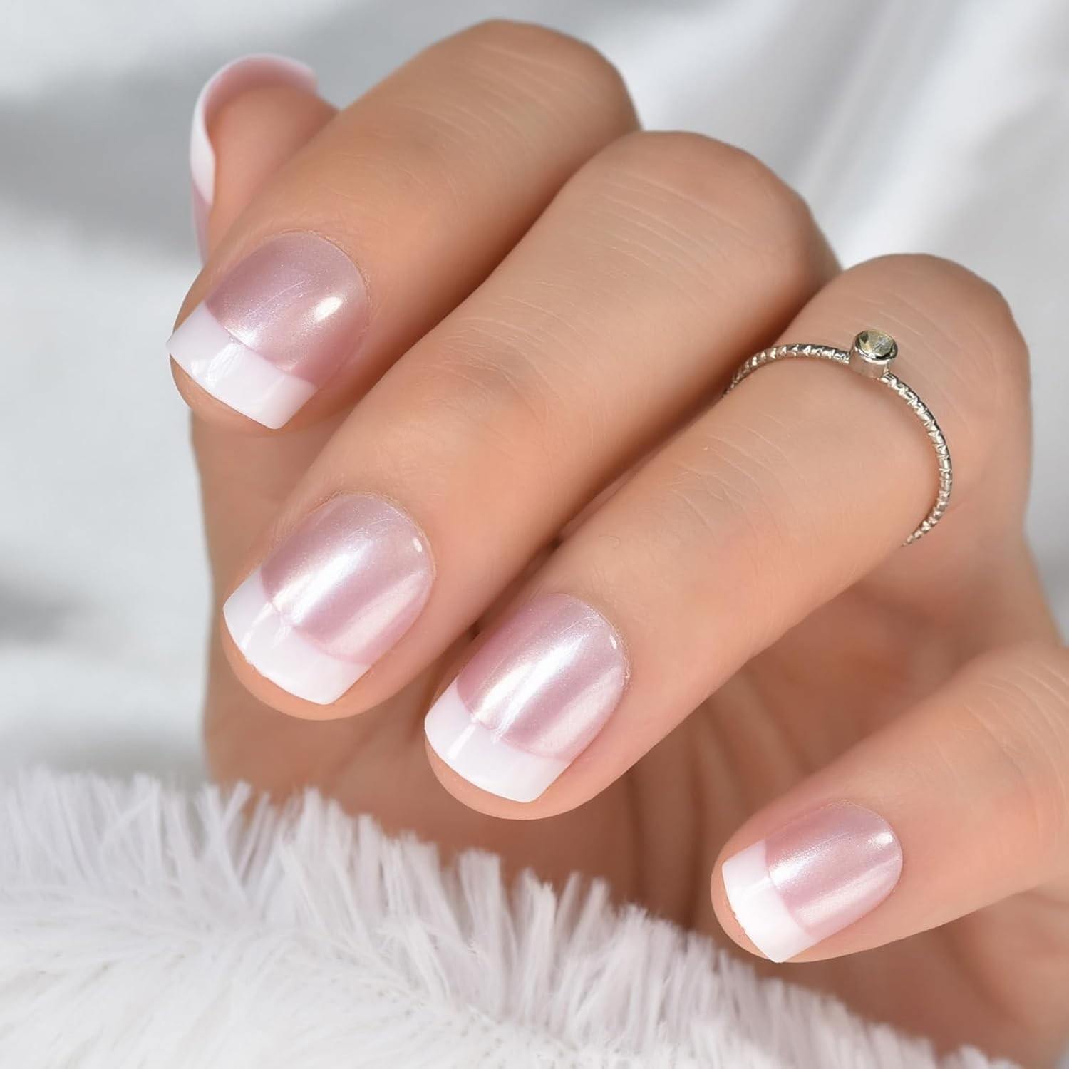 2 Sets Short Square Press On Nails – Pearl Pink French – Glossy Purple – NEW