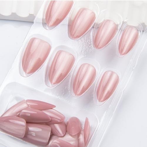 Pink Cat Eye Press on Nails Medium Almond Fake Nails Chrome False Style 12