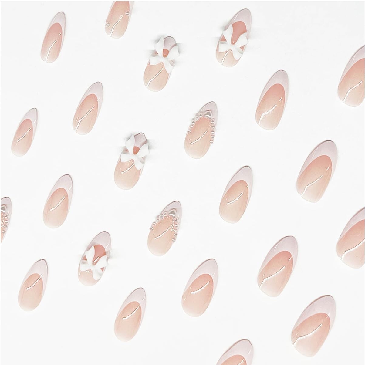 24PCS Short Press on Nails Almond Fake Nails Shiny Bare Color Small Love Full