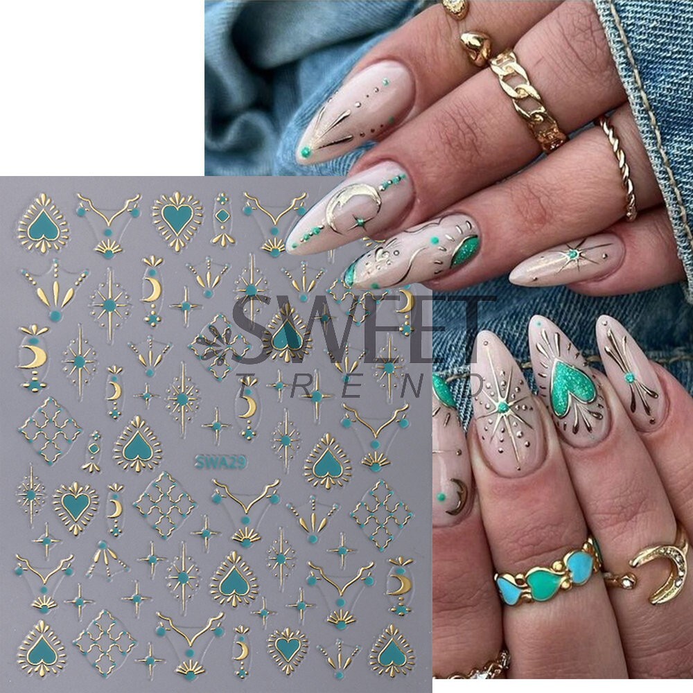 2Pcs Star Moon Sun Heart Bohemian Metallic Gold Silver Nail Stickers DIY NH28