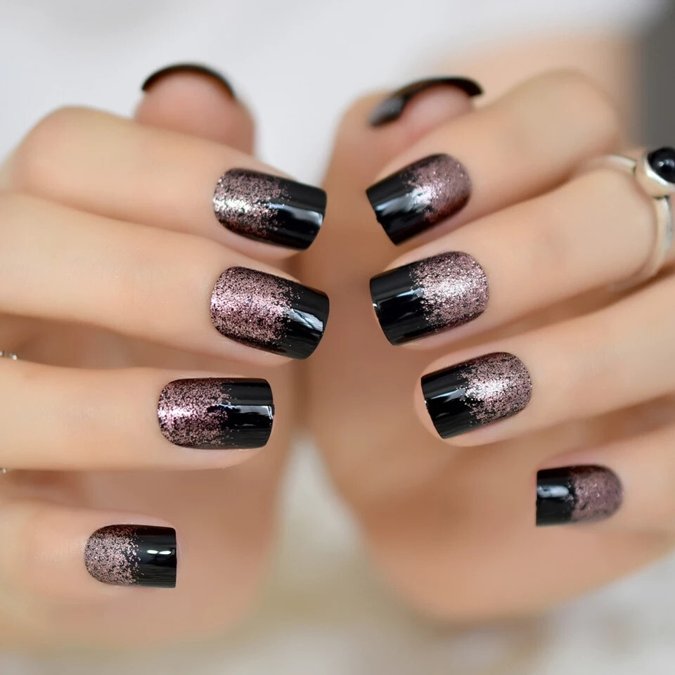 24 Short press on nails kit w glue black square rose gold ombre glitter pink
