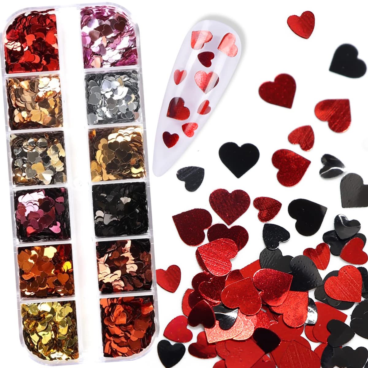 12 Grids 3D Heart Nail Art Stickers – Holographic Laser Nail Glitter Sequins …