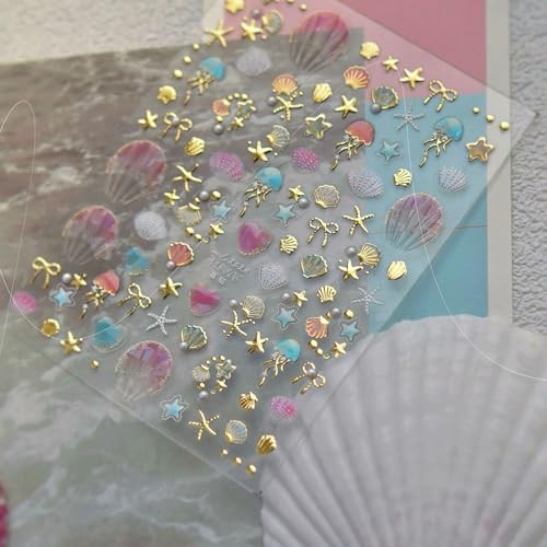 1 Sheets Summer Nail Decals for Nail Art 5D Gold Seashell Ocean Stickers-2