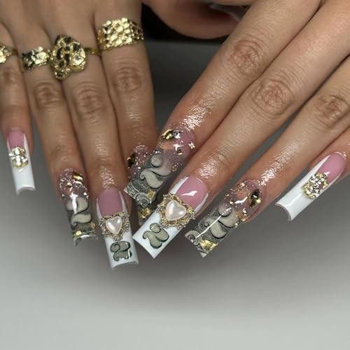 French Tip Press On Nails – Long Square Pink Acrylic False Nails with 5D Color1