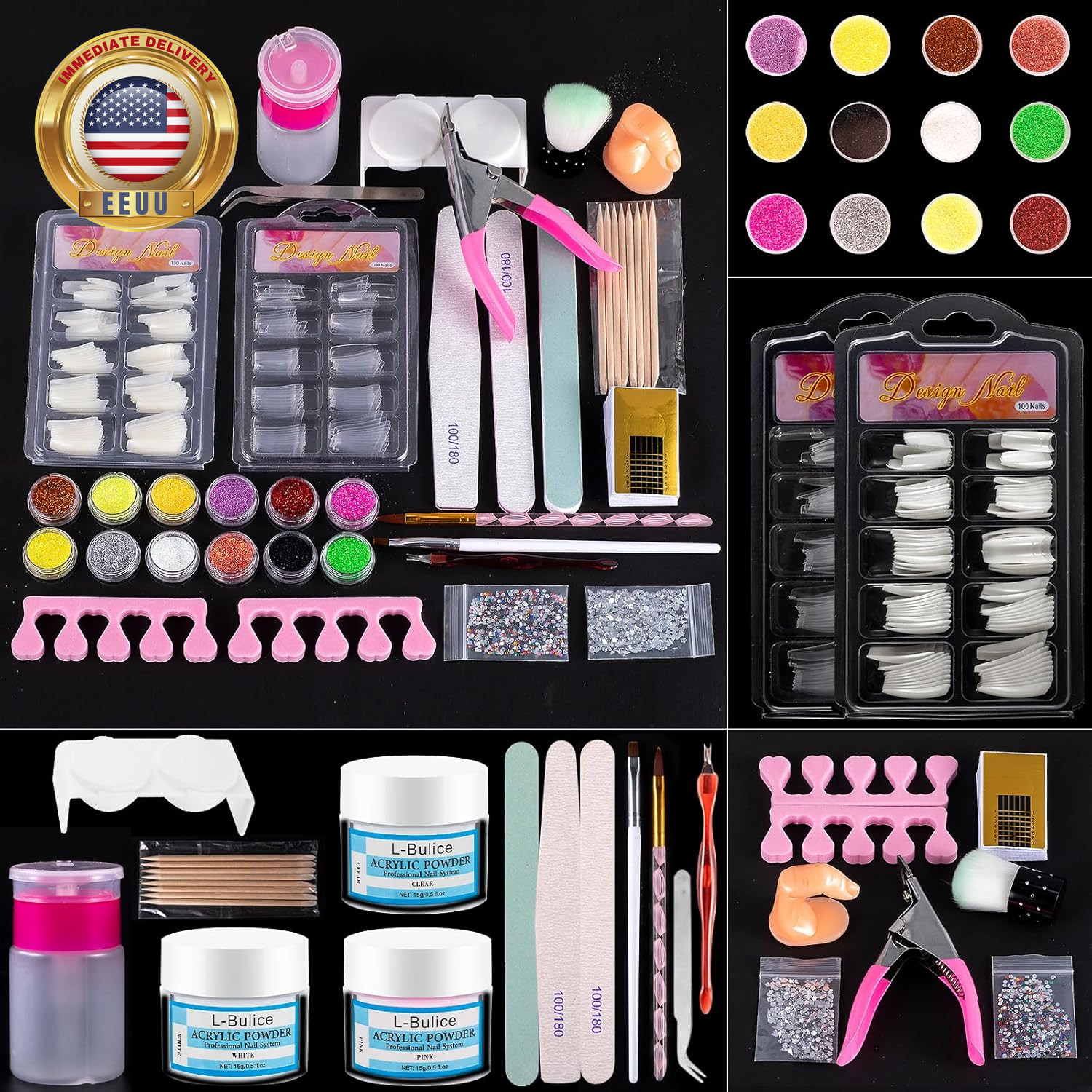 Acrylic Nail Kit for Beginners with Everything Professional, 12 Glitter Powder N
