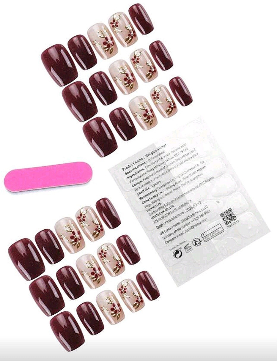 Press-On Nails Gothic Sheer Wine Glitter Cream Florals Smedium Shiny *30 pcs*