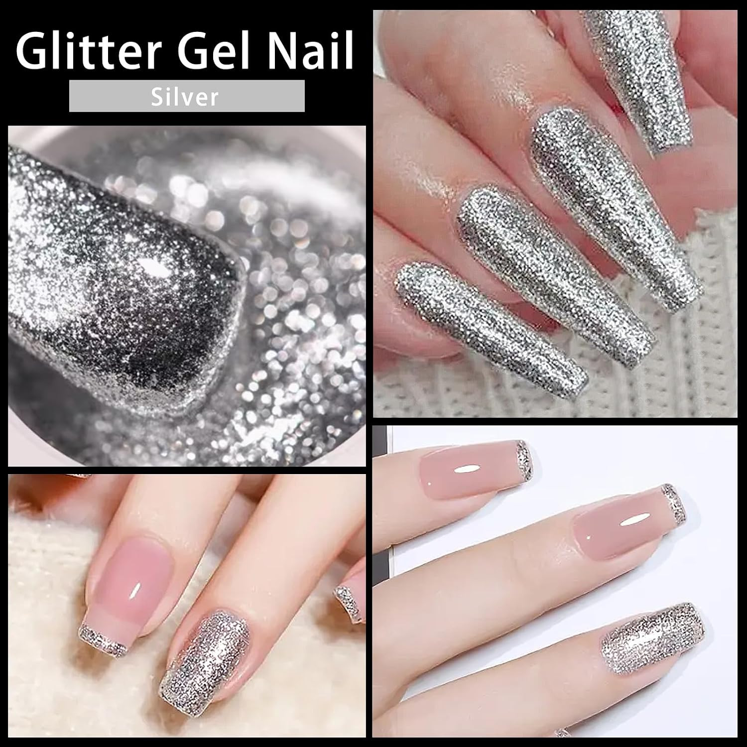 4 Colors Glitter Painting Gel for Nail Art, Silver Gold Black Painted Metal Plat