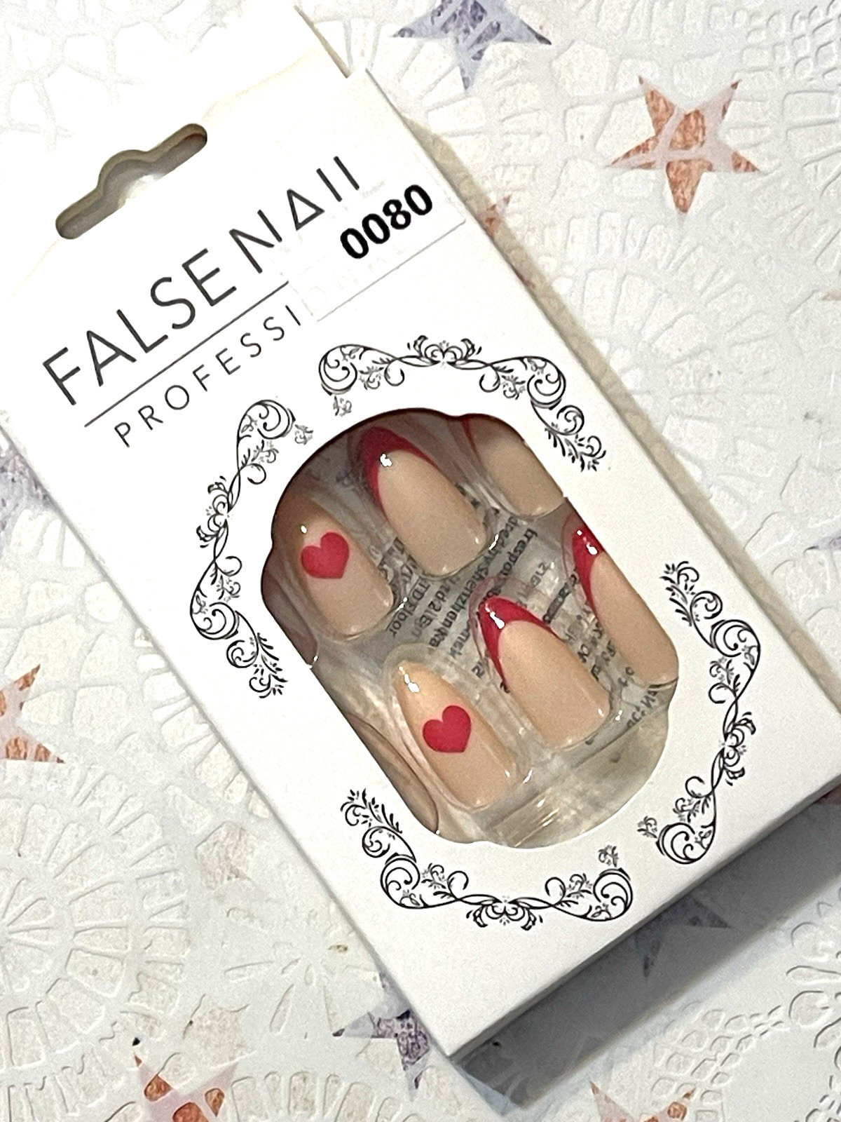 False Nail Professional NUDE with PINK RASPBERRY HEART DETAIL Press On Manicure