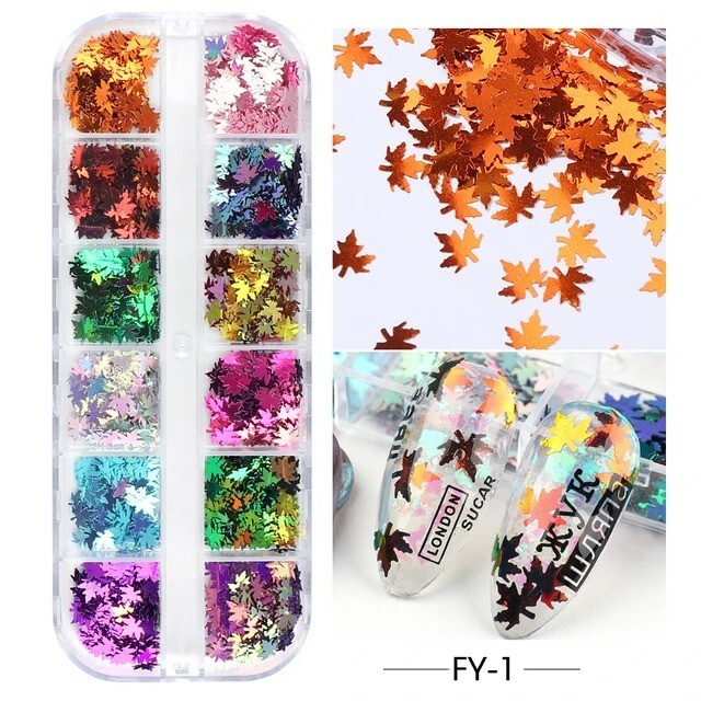 3D Nail Art Sticker Maple Leaves Glitter Flakes Nails Decoration Laser Sequins