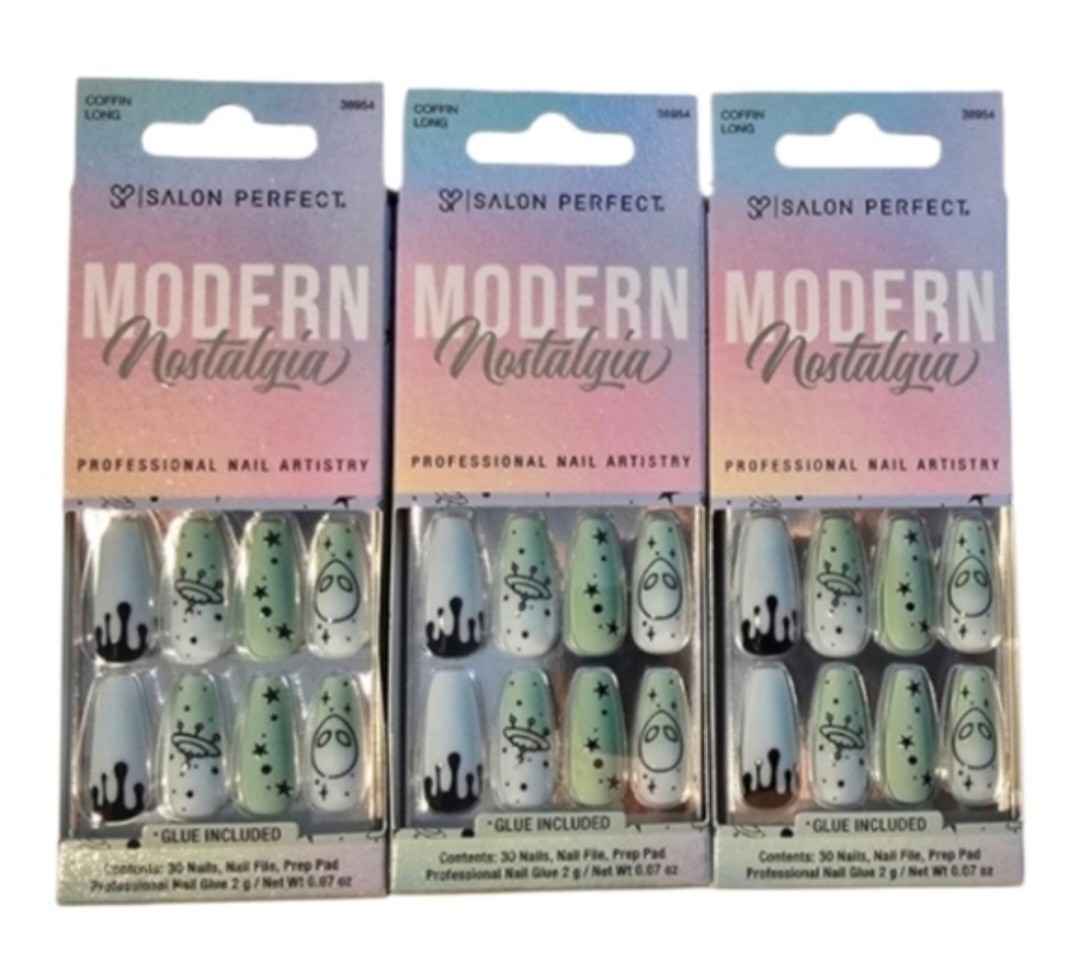 👽 3 Pack Salon Perfect Modern Nostalgia Coffin Long Press On Nails Alien UFO