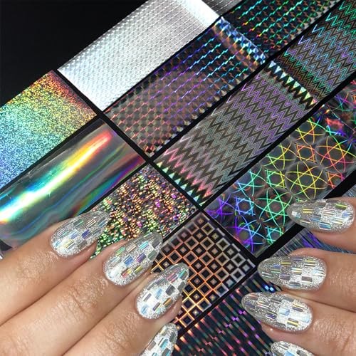 10 Sheets Holographic Nail Art Foil Transfer Stickers, Iridescent Laser Style-1