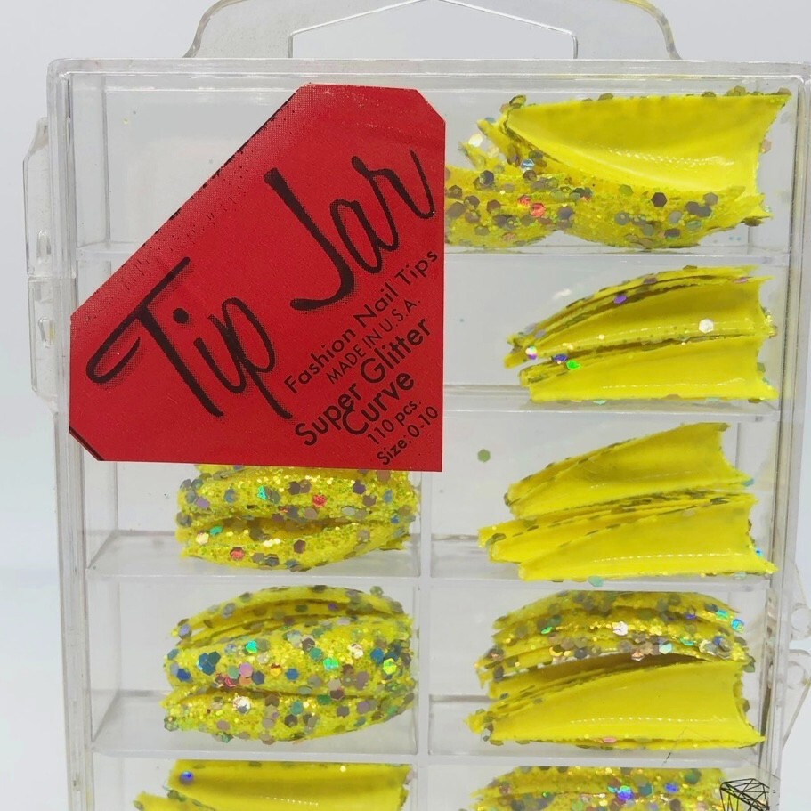 Brand New Tip Jar Fake Nail Tips – Yellow Stiletto with Chunky Glitter (#171)