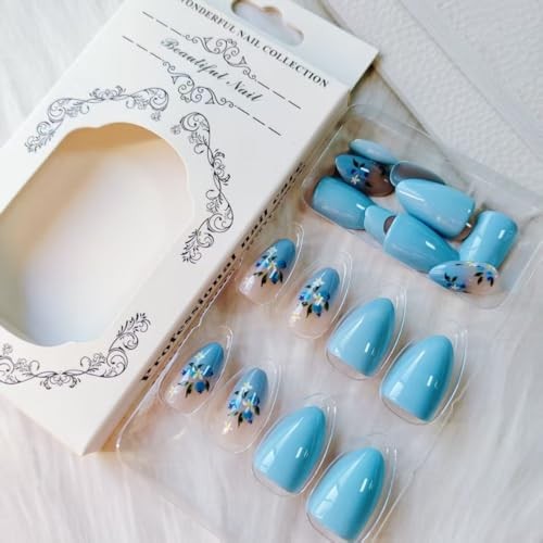 Navy Blue Press on Nails – Short Almond Spring Fake Nails with Flower Style 13