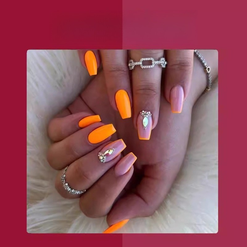 48Pcs-Orange Pink Two-tone Teardrop Rhinestone Medium Coffin Press on Nails