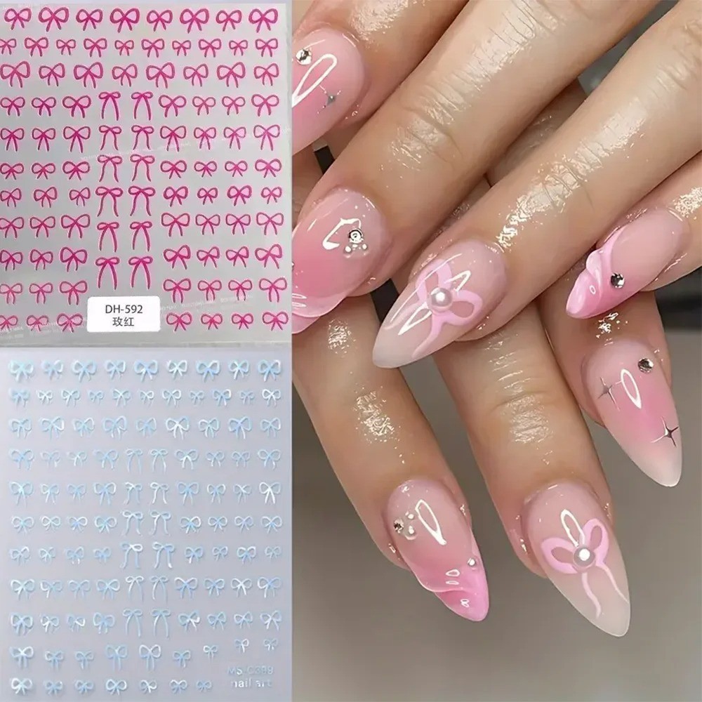 Black White Pink Mini Bowknot Design Nail Art Sticker Self Adhesive Lace 1/2PCS