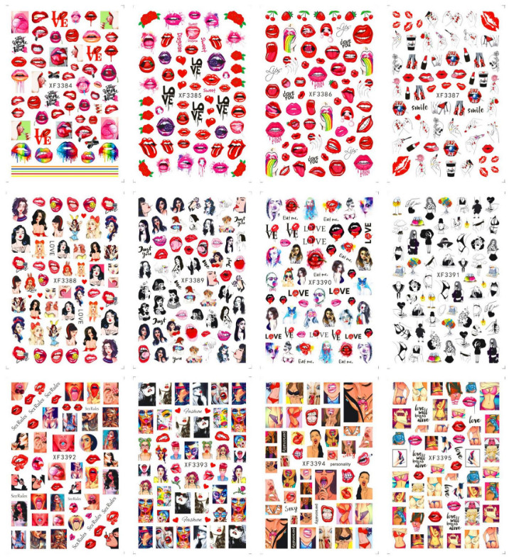 Nail Art 3D Decal Stickers Sexy Red Lips Tongue Lollipop Rose Heart Rainbow NH10