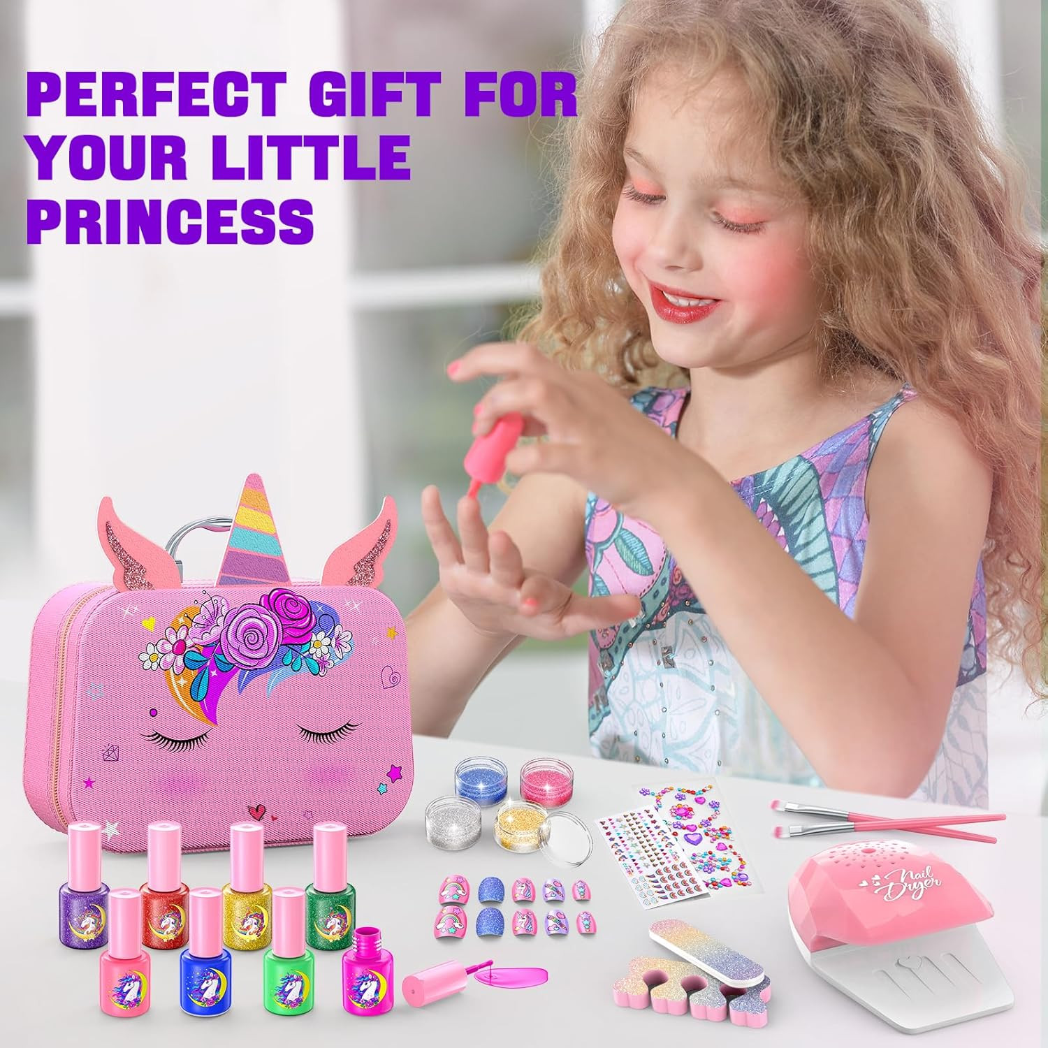 Set Esmalte Unas Ninas Kit Salon No Toxico Secado Rapido Con Secador Regalo
