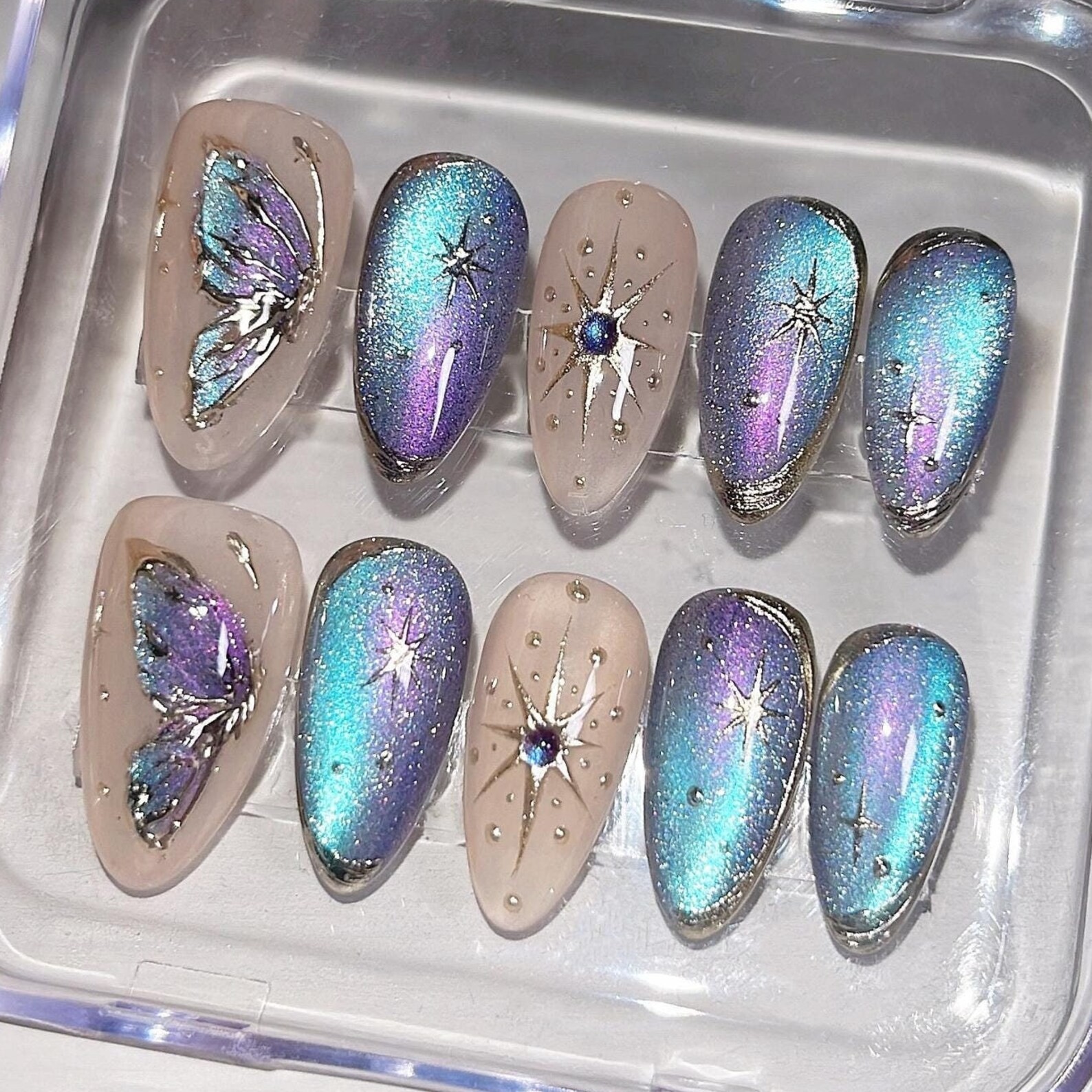 Handmade Iridescent Cat Eye Butterfly Rhinestone Medium Almond Press on Nails