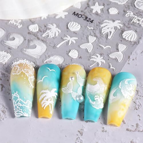 Summer Nail Art Stickers 5D Embossed Summer Beach Ocean Nail Stickers 3PCS