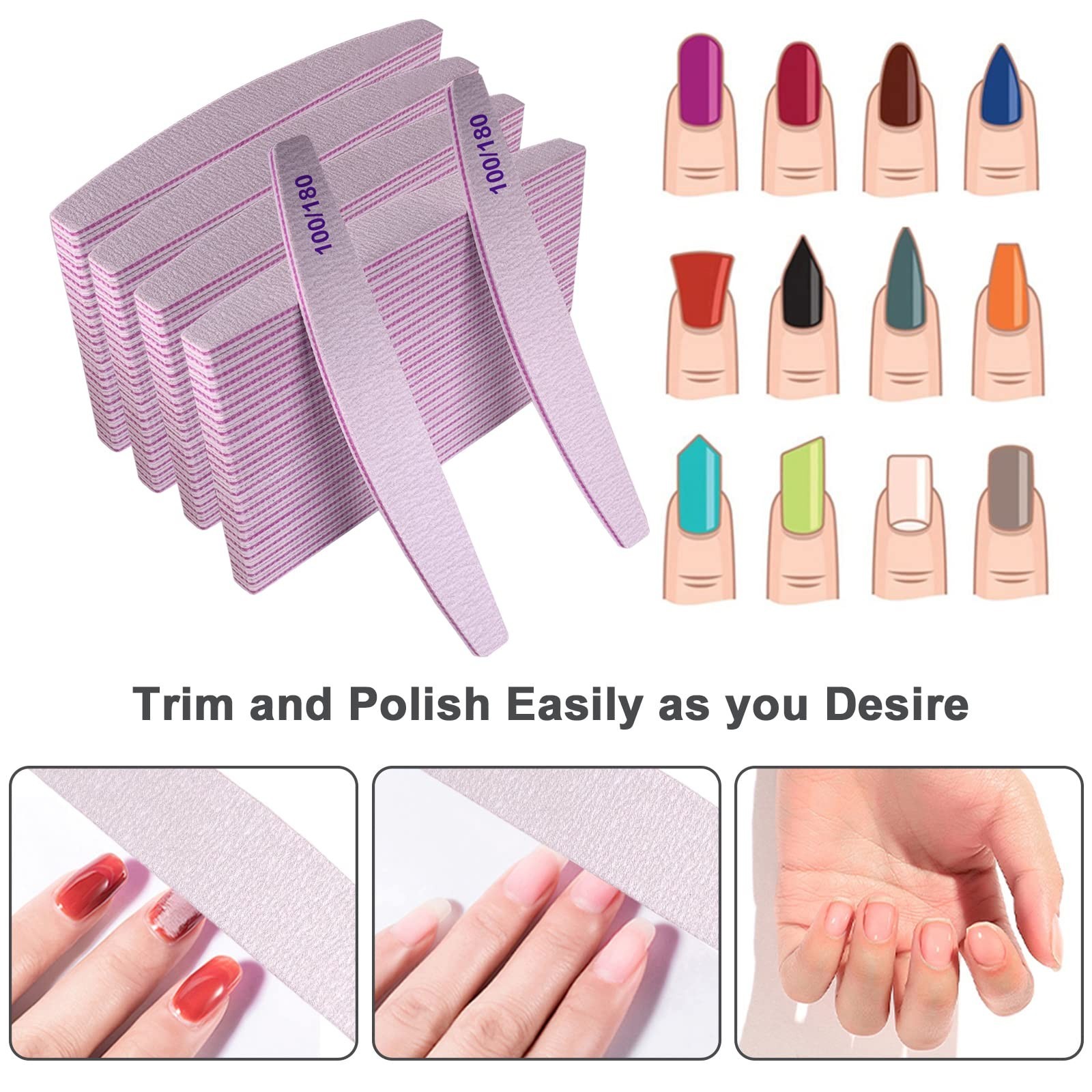 100 Pcs Nail Files 100/180 Grit Emery Boards for Acrylic & Natural Nails, Double