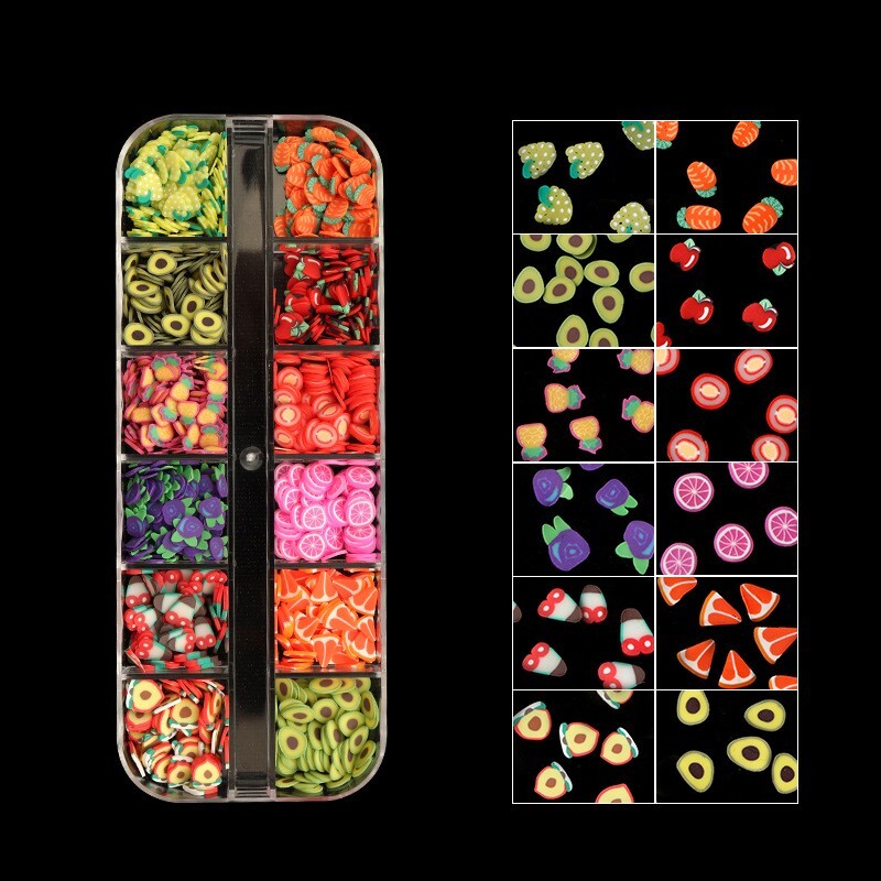 12 Grids Mixed Fruit Styles Fimo Slice Polymer DIY Nail Art Tips Sticker Decorat