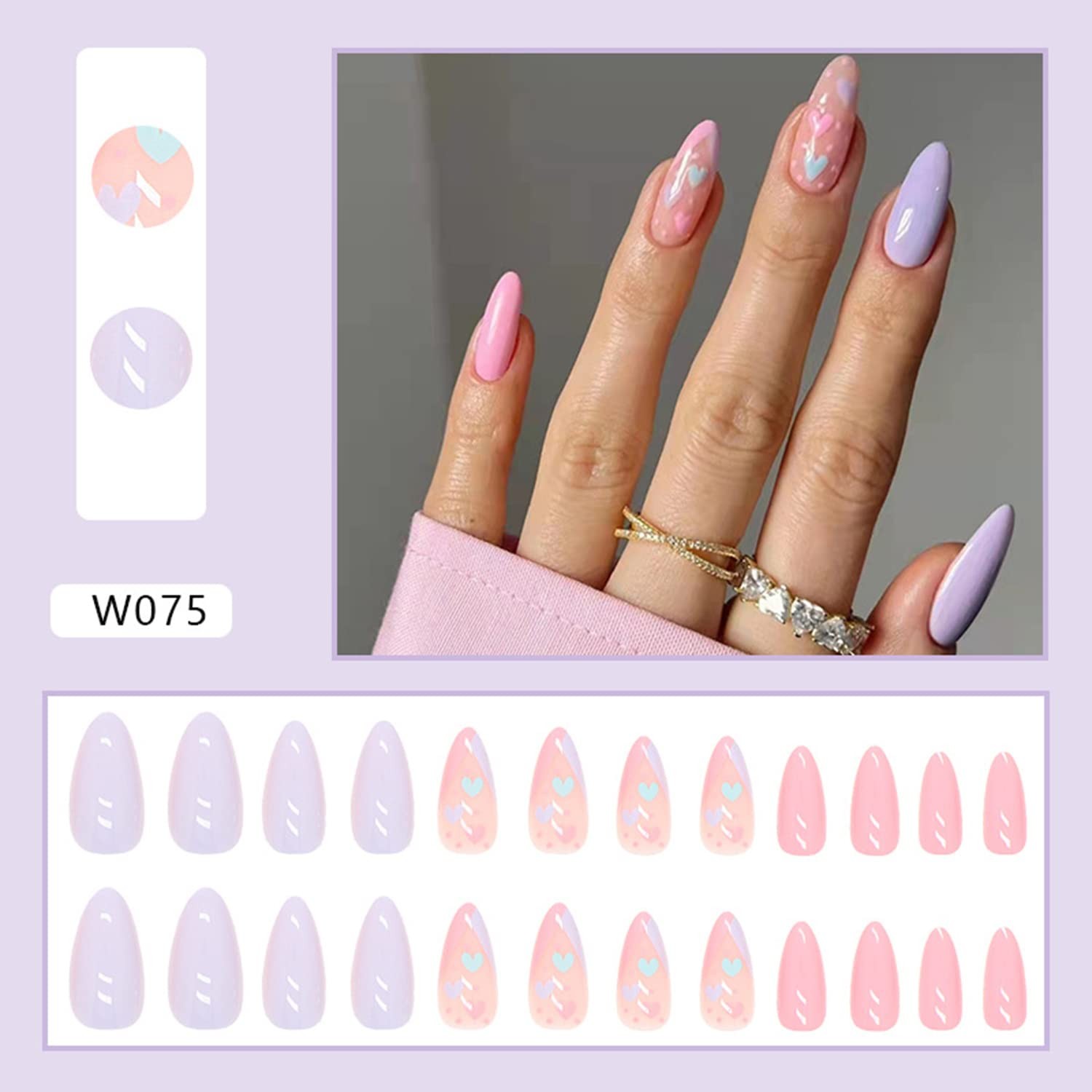 Press on Nails Pointed Medium Length, 24Pcs Full Cover Reusable False Nails K…
