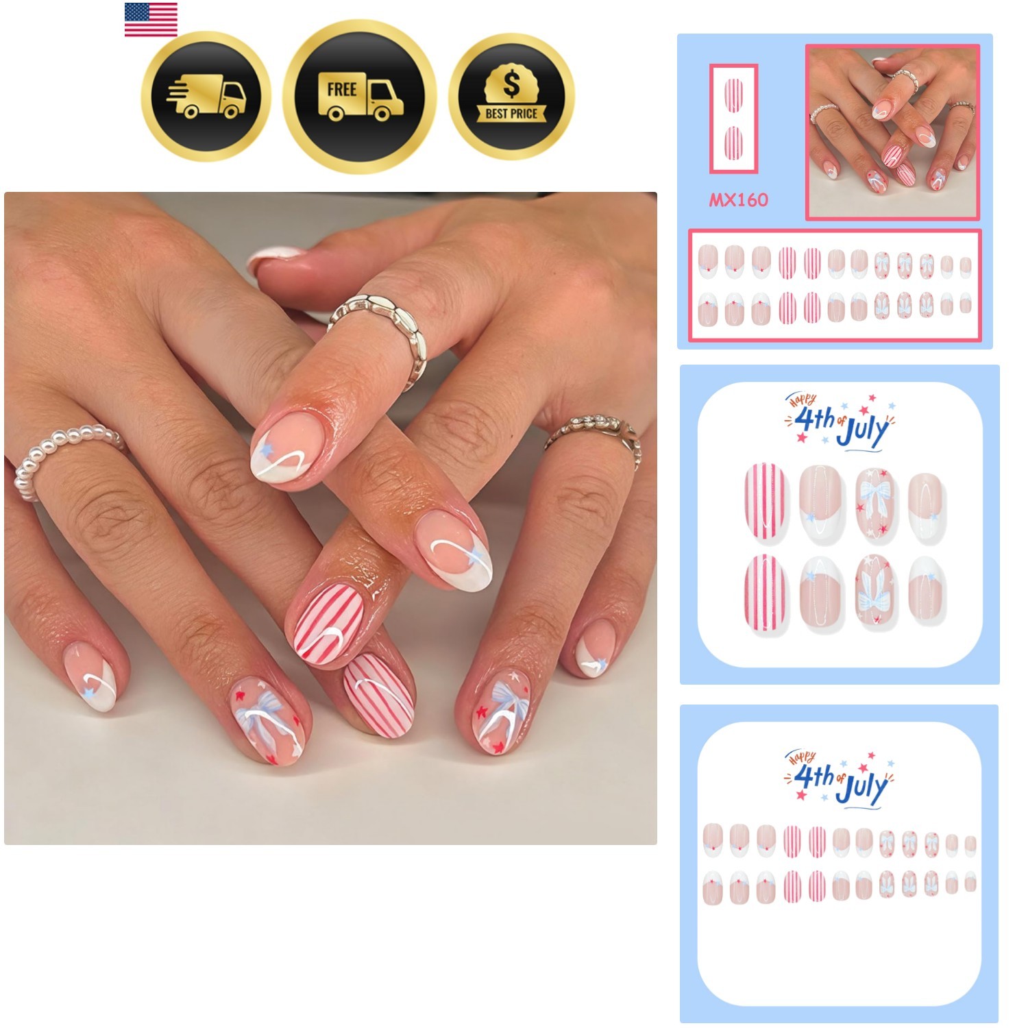 4th of July Press on Nails Short Oval – Red White & Blue French Tip with Stri…