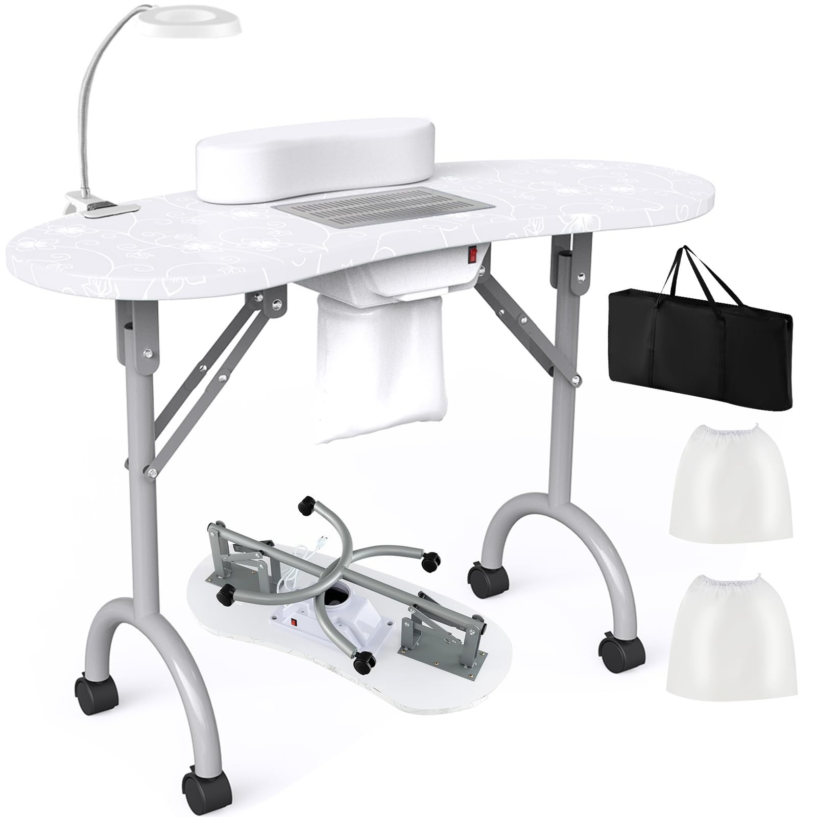 All-in-One Nail Table Manicure Desk with Dust Collector, LED Lamp & Carry Bag, M