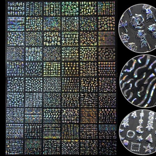 60 Sheets Holographic Nail Art Stickers for Girls Women’s Laser Aurora Silver