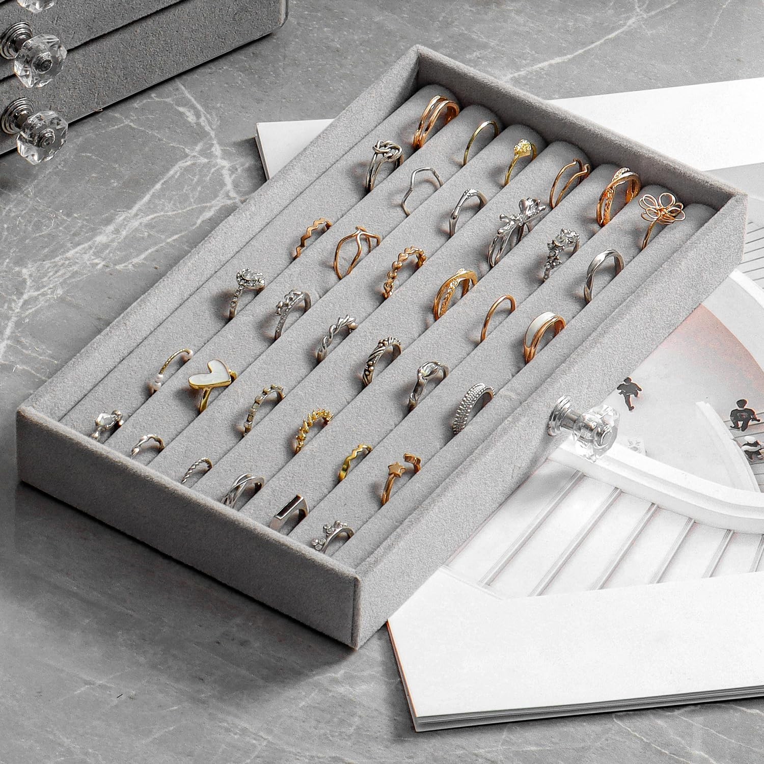 Ring Organizer Storage Box with 3 Drawers, Clear Acrylic 3-Layer Velvet Jewel…