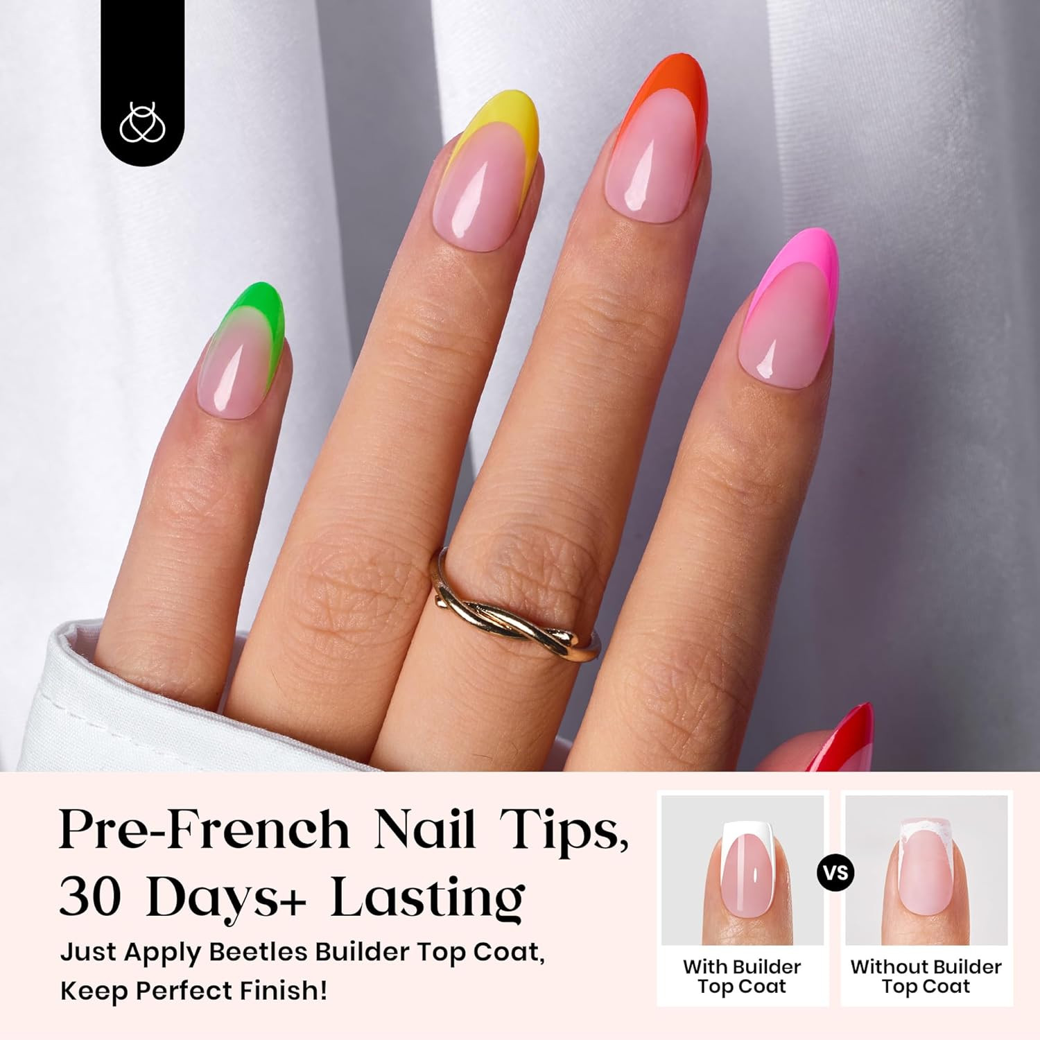 Press on Nail Kit – 7 Colors Short Almond French Tip Nails, 224Pcs | 16 Sizes Fa