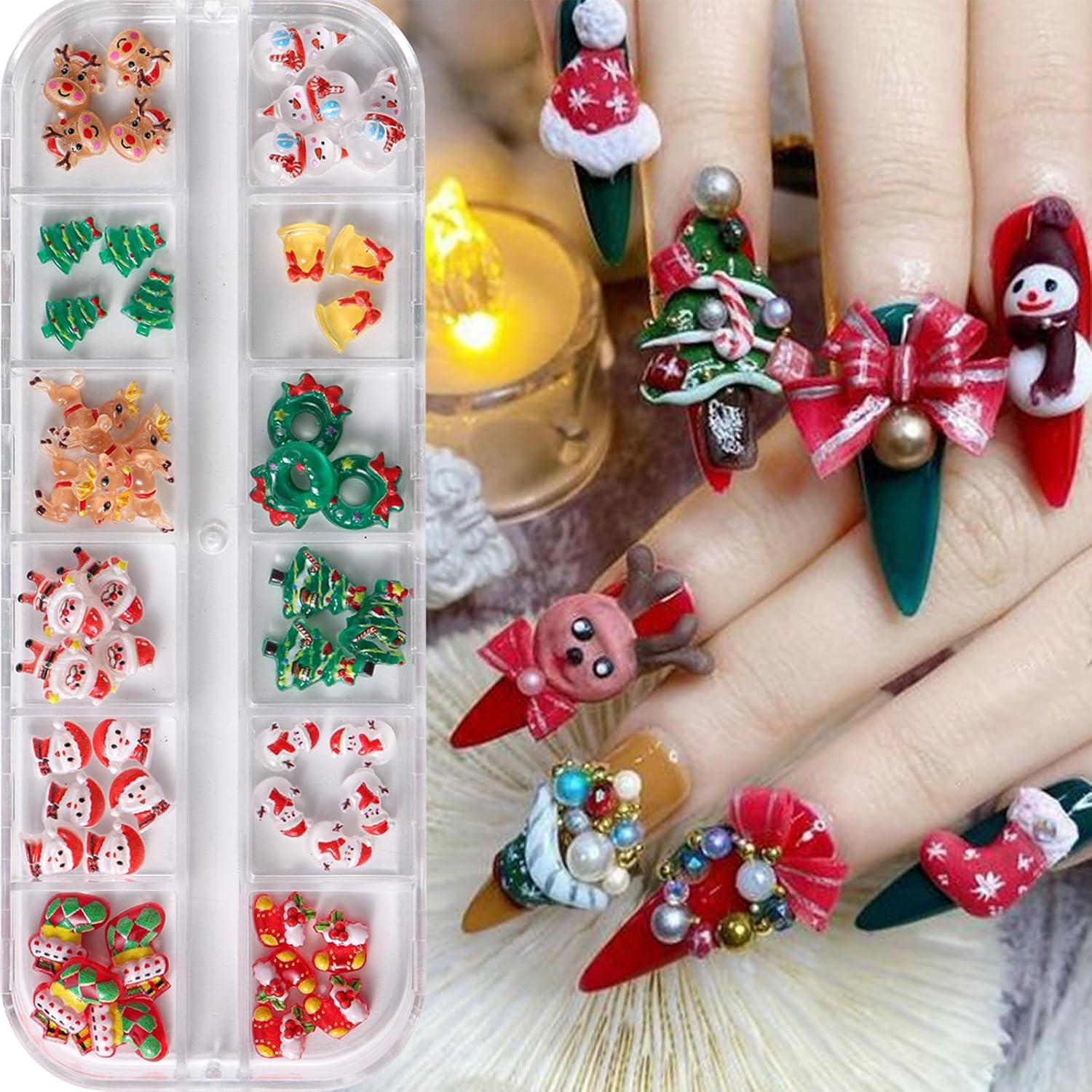 1Box Christmas Nail Art Charms Snowman Reindeer Bell Santa Resin Nail Charms 3D