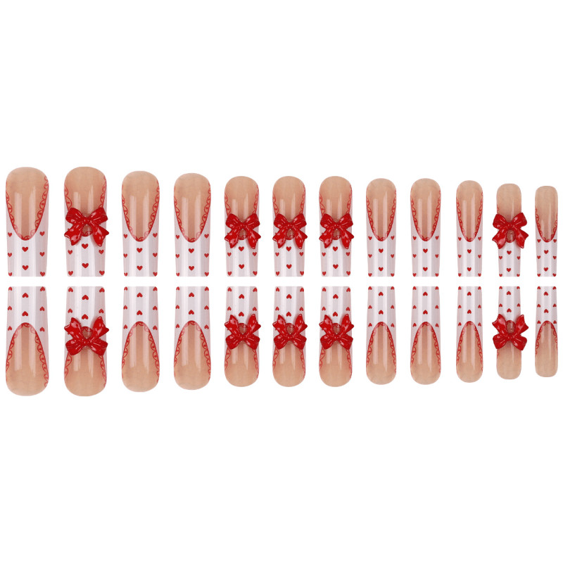 24pcs Extra Long Press on Nails, Red Chain Heart 3D Bow Romantic Nail Design