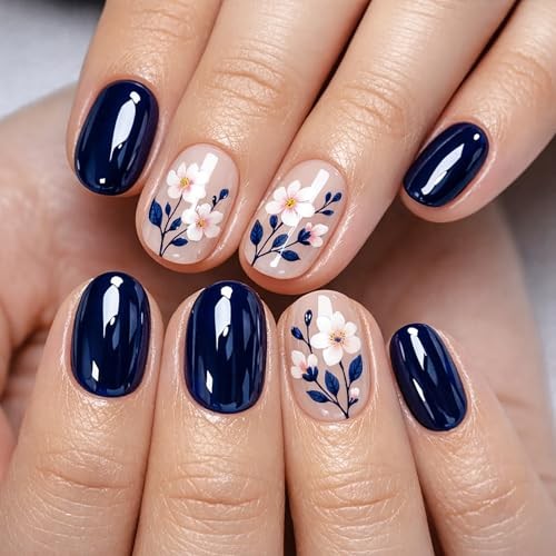 Acrylic Nails Short Oval Press on Nails – Nude Deep Blue – LHD-Oval-001-08