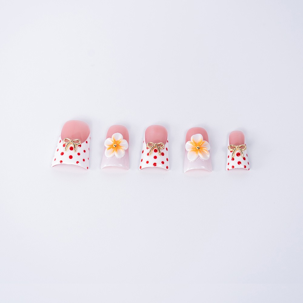 10pcs Handmade Nails, Yellow White Ombre w/ 3D Flowers, Red Polka Dot, Chic