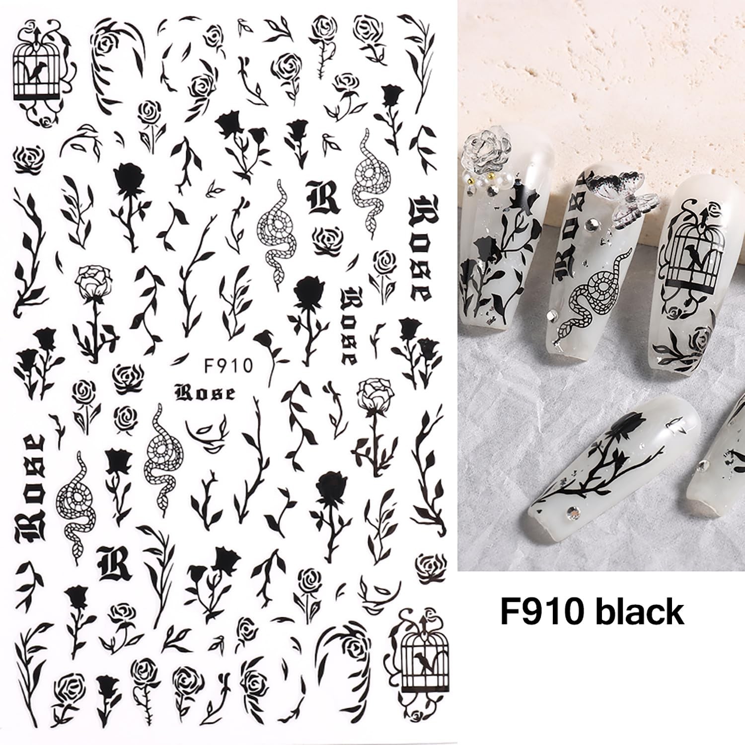 Black Rose 3D -Adhesive Nail Decals – Holographic Snake Sun Stars Eye Art Des…