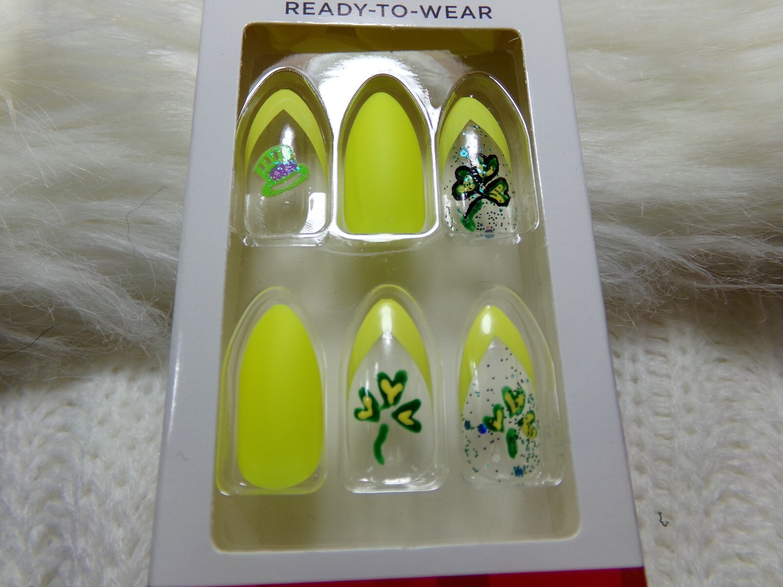Kiss Nail Long Stiletto Matte Yellow with Green Shamrocks & Hats