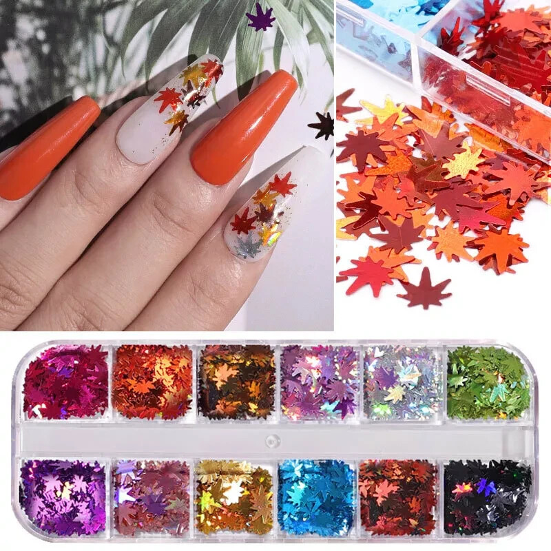 12 Colors Holographic Maple Leaf Nail Art Flakes Fall Leaf Glitter Nail Sequins
