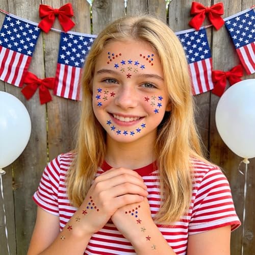 4th of July Star Face Gems, Self-Adhesive Face Jewels for Women, Red Blue star