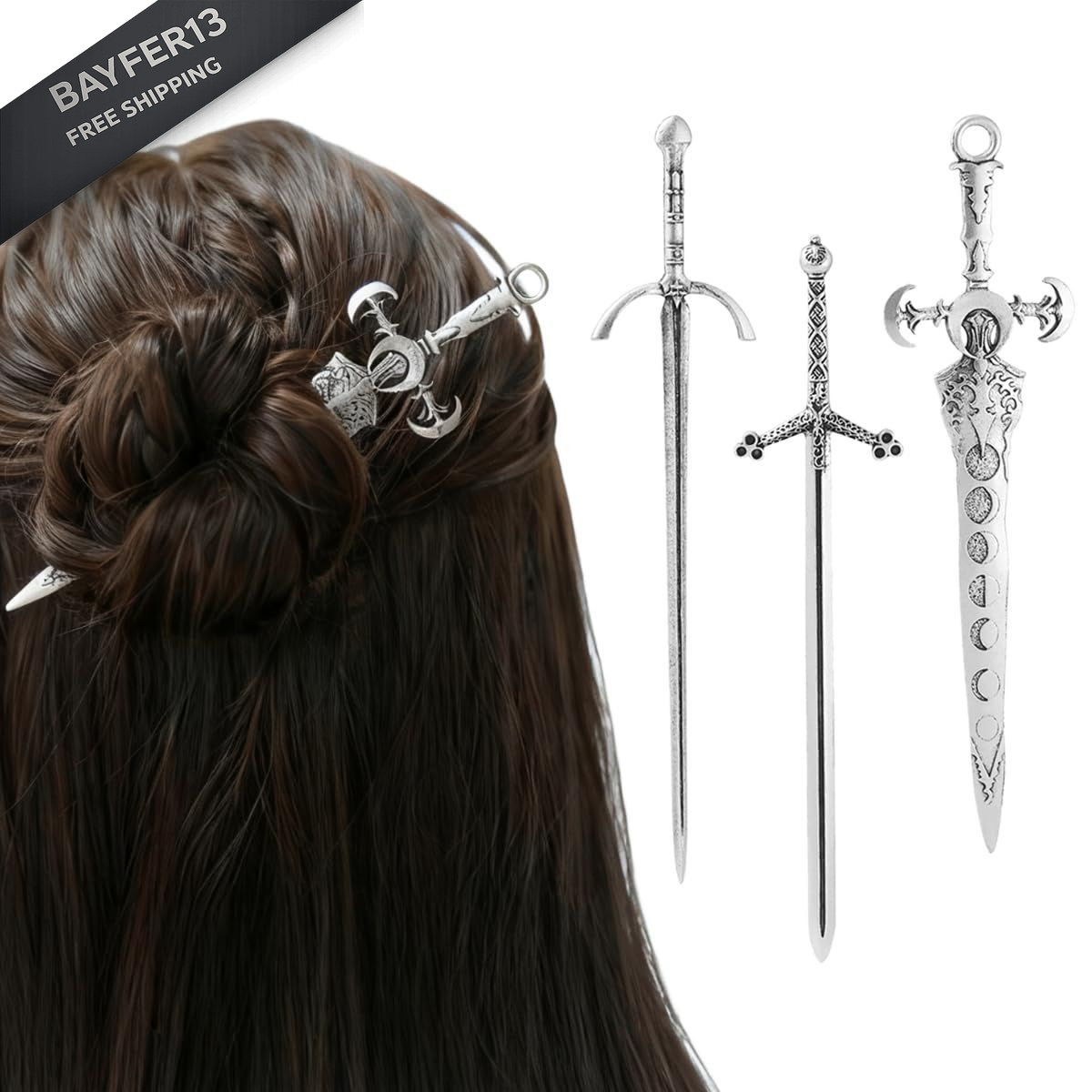3-Piece Sword Hair Pin Set – Gothic and Viking 1 Count (Pack of 3), Silver